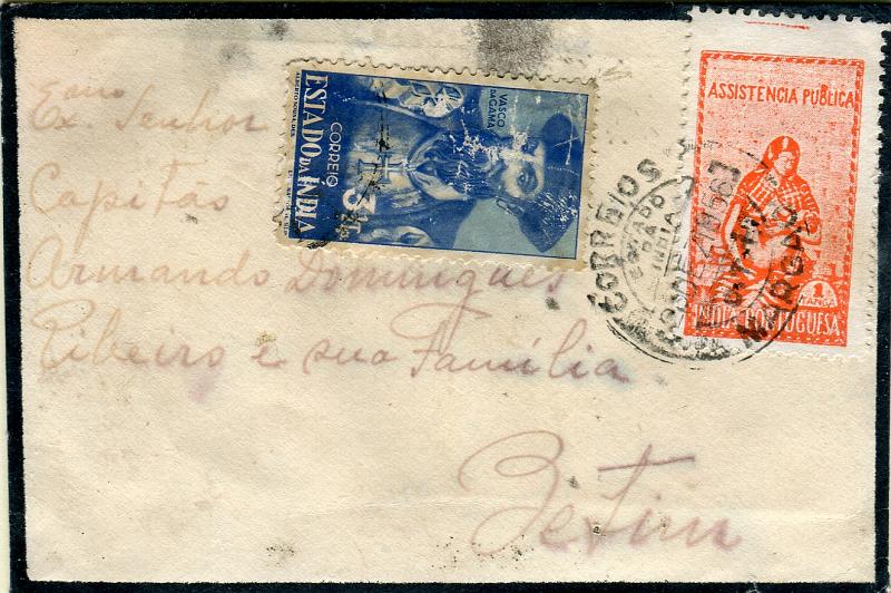 0287.jpg -     Lote:    287            Índia Portuguesa       Descrição:         1948/56 &mdash; Imposto Postal * Assistência Pública + Motivos Históricos. Sobrescrito circulado de Margão (26.12.56) para Betim com selo de 3 &frac12; T CE382 + imposto postal de 1T CE IP12. R.        Carta       Valor Base:     &euro; 75,00     Valor Venda:     &euro; 170,00       