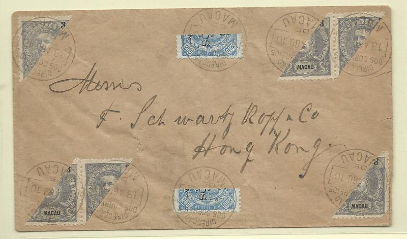 0288.jpg -     Lote:    288            Macau       Descrição:         1902/1903 &mdash; D. Carlos com sobretaxa + D. Carlos I Mouchon. Sobrescrito circulado de Macau (13.08.10) para Hong Kong, com dois selos bipartidos de 6 avos s/ 200 reis CE117 + 6 selos bipartidos de 3 avos CE130.        Carta       Valor Base:     &euro; 50,00     Valor Venda:     &euro; 50,00       