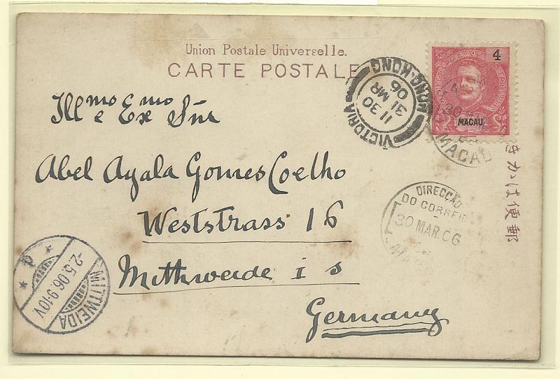 0289.jpg -     Lote:    289            Macau       Descrição:         1903 &mdash; D. Carlos I Mouchon. OM131, 4 avos carmim, sobre postal circulado de Macau (30.03.06) para a Alemanha (02.05.06) com trânsito por Hong-Kong (31.03.06).        PI       Valor Base:     &euro; 8,00     Valor Venda:     &euro; 8,00       