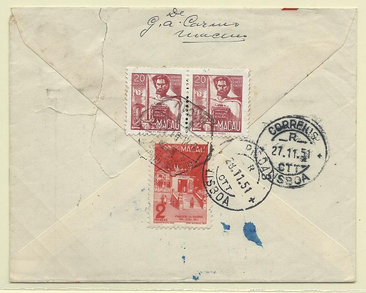 0292.jpg -     Lote:    292            Macau       Descrição:         1948/1951 &mdash; Motivos locais + Vultos do Oriente. Sobrescrito circulado registado de Macau (23.11.51) para Lisboa (27.11.51) com selo de 2 Patacas CE336 + 2 selos de 20 avos CE360.        Carta       Valor Base:     &euro; 25,00     Valor Venda:     Retirado     
