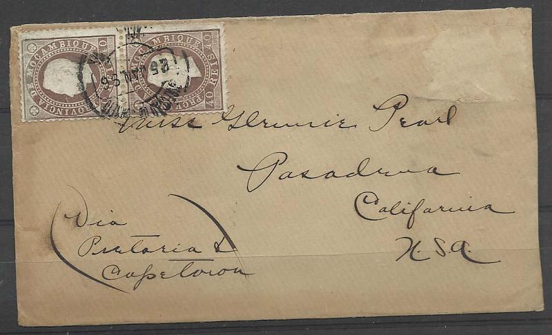 0294.jpg -     Lote:    294            Moçambique       Descrição:         1886 &mdash; D. Luís I. Fita Direita. Lote composto por sobrescrito circulado de L. Marques (25.01.1896) para Pasadena / EUA, com franquia incompleta de 80 reis (dois selos de 40 reis CE19 + lote de selos usados com variedades de denteados, papeis e cores + quatro quadras novas de 20, 40, 200 e 300 em papel porcelana , denteado 12 &frac12;.        Carta/*/O       Valor Base:     &euro; 75,00     Valor Venda:     Retirado     