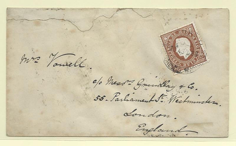 0295.jpg -     Lote:    295            Moçambique       Descrição:         1886 &mdash; D. Luís I. Fita direita. Sobrescrito circulado de Lourenço Marques (30.08.1888) para Londres (02.10.1888), com trânsito por lisboa (29.09.88) com selo de 100 reis, CE21.        Carta       Valor Base:     &euro; 50,00     Valor Venda:     Retirado     
