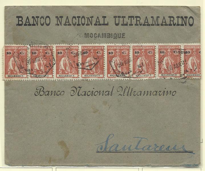 0297.jpg -     Lote:    297            Moçambique       Descrição:         1914 &mdash; Ceres. CE162, 10c tijolo, denteado 12x11 &frac12;  papel liso. Tira de 8 selos em sobrescrito circulado de Moçambique (26.04.27) para Santarém.        Carta       Valor Base:     &euro; 15,00     Valor Venda:     Retirado     