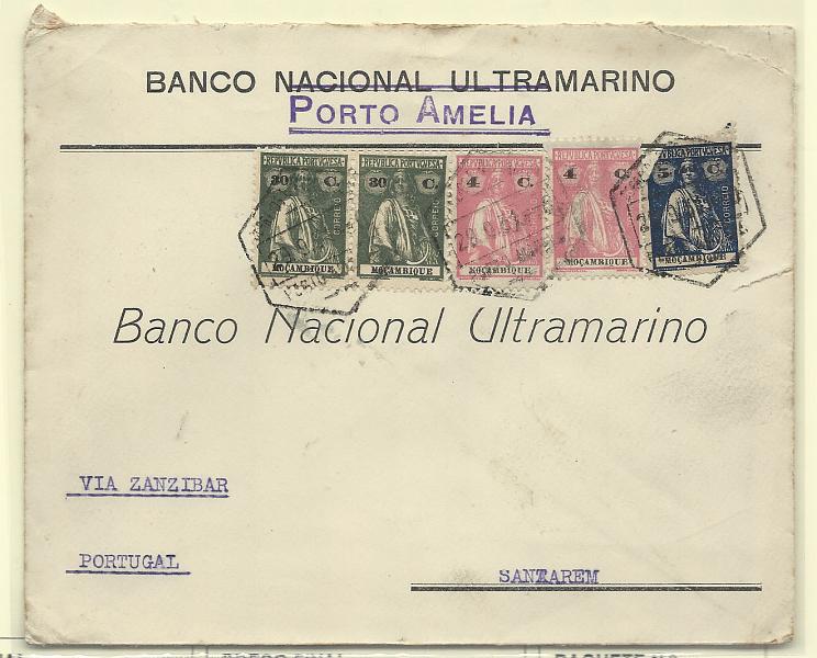 0299.jpg -     Lote:    299            Moçambique       Descrição:         1912/22 &mdash; Ceres. Sobrescrito circulado de Porto Amélia (29.09.31) para Santarém (26.10.31) via Zanzibar (02.10.31) com selos de 5c, 2x4c e 2x30c CE159, 225 e 241.        Carta       Valor Base:     &euro; 12,00     Valor Venda:     Retirado     