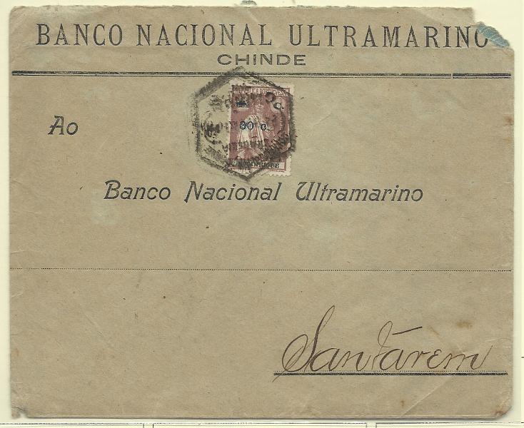 0300.jpg -     Lote:    300            Moçambique       Descrição:         192&frac12;2 &mdash; Ceres c/ sobretaxa sobre selos de Moçambique. CE235, 30c s/ 1 &frac12; c castanho, em sobrescrito circulado do Chinde  para Santarém (02.11.22).        Carta       Valor Base:     &euro; 10,00     Valor Venda:     Retirado     
