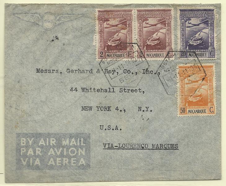 0302.jpg -     Lote:    302            Moçambique       Descrição:         1938 &mdash; Correio aéreo. Império Colonial Português. Sobrescrito circulado por via aérea da Beira (01.11.44) para os EUA, via Lourenço Marques (01.11.44), com selos de 20c, 50c e 2x2$00. CE CA2/3, 5.        Carta       Valor Base:     &euro; 20,00     Valor Venda:     Retirado     