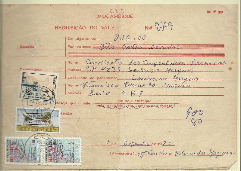 0303.jpg -     Lote:    303            Moçambique       Descrição:         1975 &mdash; Independência + Rede de Telecomunicações. Vale de correio remetido da Beira (03.12.75) com selos de $10 (2) e $50 AR1, 3 + imposto postal 2$50 CE IP71.        DOC       Valor Base:     &euro; 15,00     Valor Venda:     Retirado     