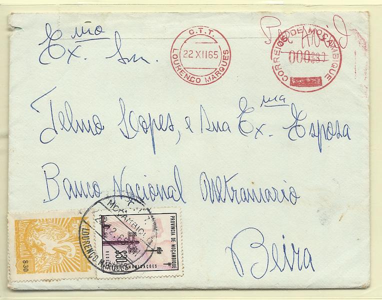 0304.jpg -     Lote:    304            Moçambique       Descrição:         1965 &mdash; Imposto Postal * Assistência Pública * Telecomunicações. Sobrescrito circulado de Lourenço Marques (22.12.65) para a Beira, com franquia mecânica a vermelho de $80 + selo tipo Pelicano CE IP60 + Rede de Telecomunicações de $30 CE IP68.        Carta       Valor Base:     &euro; 5,00     Valor Venda:     Retirado     