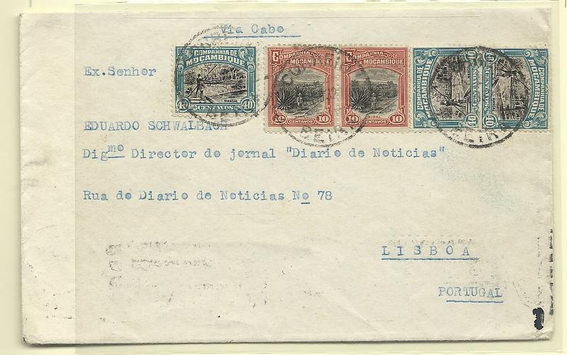 0308.jpg -     Lote:    308            Companhia de Moçambique       Descrição:         1918/25 &mdash; Motivos locais. Sobrescrito circulado da Beira para lisboa (20.07.32) com dois selos de 10c CE126 + 2 selos de 40c CE157. B.        Carta       Valor Base:     &euro; 20,00     Valor Venda:     Retirado     