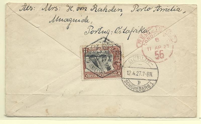 0314.jpg -     Lote:    314            Companhia do Niassa       Descrição:         192&frac12;3 &mdash; Motivos diversos. CE124, 2E em carta circulada registada de Porto Amélia (27.02.27) para a Alemanha (12.04.27) com trânsito por Londres (11.04.27).         Carta       Valor Base:     &euro; 140,00     Valor Venda:     &euro; 220,00       