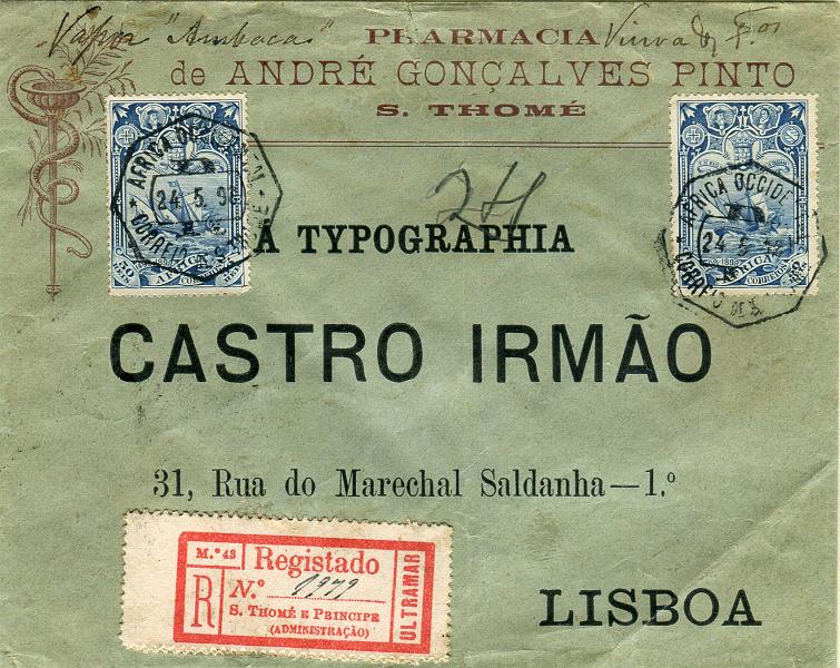 0316.jpg -     Lote:    316            S. Tomé e Príncipe       Descrição:         1898 &mdash; 4.º Centenário do Descobrimento do Caminho Marítimo para a Índia, emissão para África. Sobrescrito circulado registado de S. Tomé (24.05.98) para Lisboa (08.06.98) com dois selos de 50 reis azul CE5. MB e MR.        Carta       Valor Base:     &euro; 125,00     Valor Venda:     &euro; 240,00       