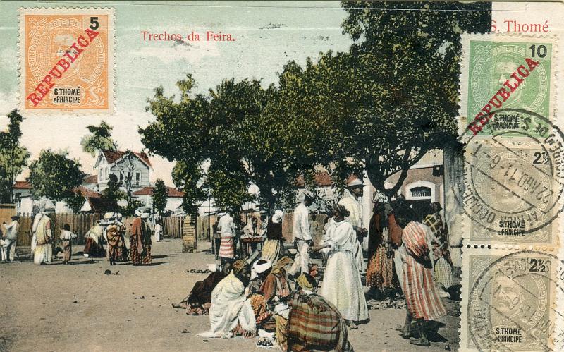 0317.jpg -     Lote:    317            S. Tomé e Príncipe       Descrição:         1898/1911 &mdash; D. Carlos I Mouchon + idem com sobrecarga REPUBLICA da Casa da Moeda. Postal ilustrado circulado de S. Tomé (22.08.11) para a Bélgica (11.09.11) com trânsito por Lisboa (08.09.11) com dois selos de 2 &frac12; reis CE43 + selo de 5 e 10 reis CE97/98.        PI       Valor Base:     &euro; 22,00     Valor Venda:     Retirado     