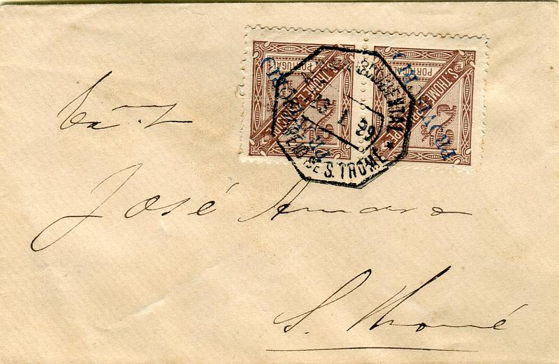 0318.jpg -     Lote:    318            S. Tomé e Príncipe       Descrição:         1899 &mdash; D. Carlos I, com sobrecarga PROVISÓRIO, tipografada localmente. Sobrescrito de reduzidas dimensões (cartões de visita) circulado em S. Tomé (23.01.99) com par de selos de 2 &frac12; reis com a sobrecarga invertida CE58.        Carta       Valor Base:     &euro; 120,00     Valor Venda:     Retirado     