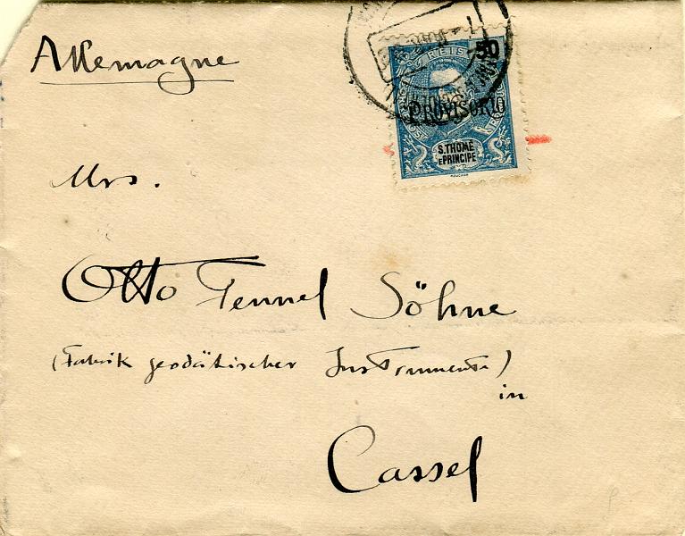 0319.jpg -     Lote:    319            S. Tomé e Príncipe       Descrição:         1903 &mdash; D. Carlos I Mouchon, com sobrecarga PROVISÓRIO. Sobrescrito circulado de S. Tomé (01.03.05) para Cassel (16.03.05) com trânsito por Lisboa, com selo de 50 reis azul CE85.        Carta       Valor Base:     &euro; 50,00     Valor Venda:     Retirado     