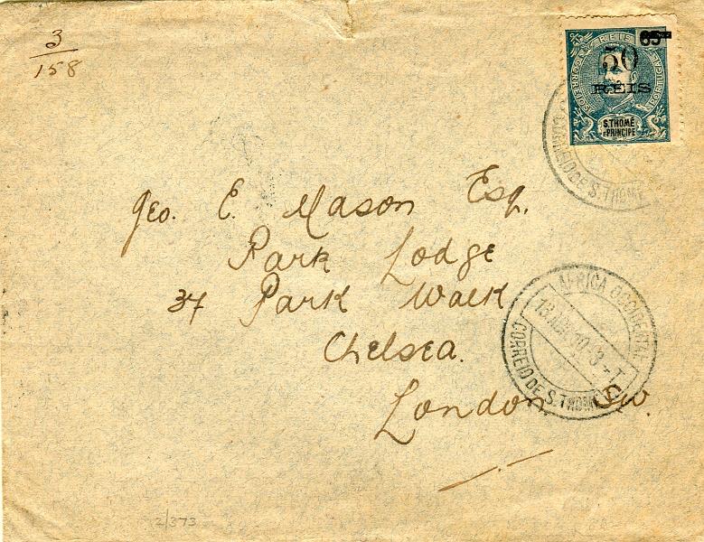 0320.jpg -     Lote:    320            S. Tomé e Príncipe       Descrição:         1905 &mdash; D. Carlos I, com sobretaxa. Sobrescrito circulado de S. Tomé (18.04.10) para Londres (12.05.10) com trânsito por Lisboa (08.05.12) com selo de 50 s/ 65 reis azul CE95 tipo "5" duplamente fendido na haste (não catalogado).        Carta       Valor Base:     &euro; 120,00     Valor Venda:     Retirado     