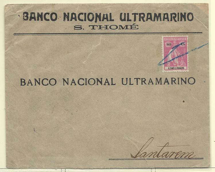 0330.jpg -     Lote:    330            S. Tomé e Príncipe       Descrição:         1922 &mdash; Ceres. Sobrescrito circulado de S. Tomé para Santarém (21.10.26) com selo de 80c rosa CE257, obliterado a lápis azul, na falta da marca de dia.        Carta       Valor Base:     &euro; 15,00     Valor Venda:     Retirado     