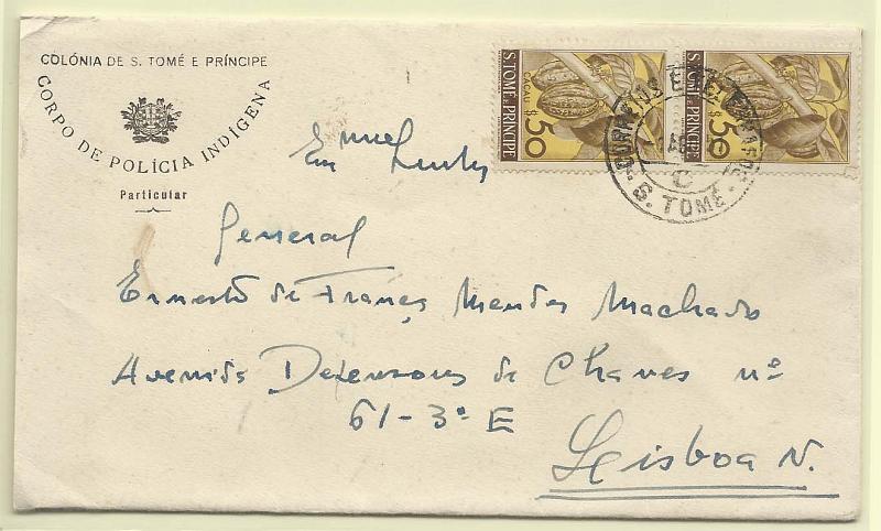 0331.jpg -     Lote:    331            S. Tomé e Príncipe       Descrição:         1948 &mdash; Frutos de S. Tomé e Príncipe. CE340, $50 sépia e amarelo. Par em sobrescrito circulado de S. Tomé (01.08.51) para Lisboa (02.08.51). MB.        Carta       Valor Base:     &euro; 10,00     Valor Venda:     &euro; 10,00       