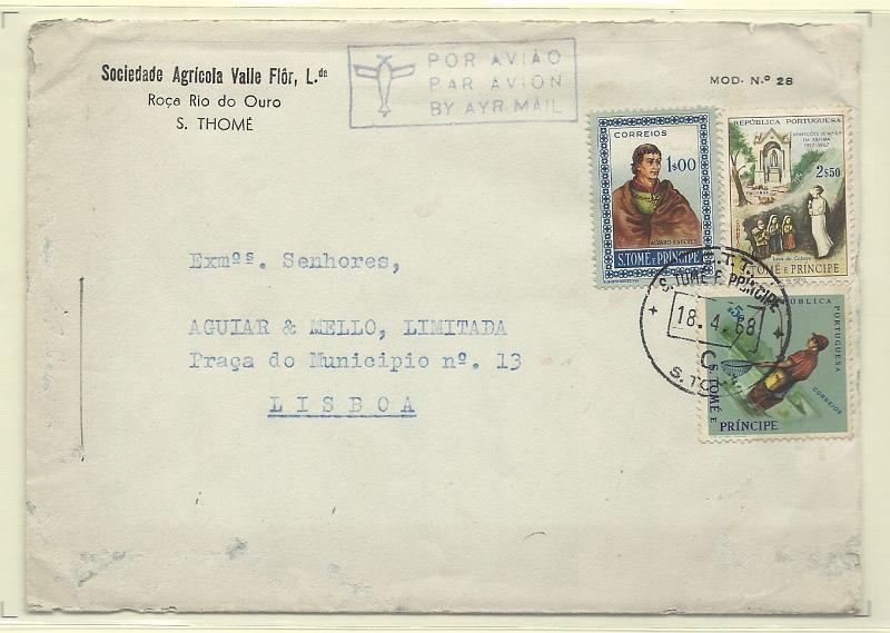 0335.jpg -     Lote:    335            S. Tomé e Príncipe       Descrição:         1952/67 &mdash; Navegadores + Modalidades desportivas + Aparições de Fátima. Sobrescrito circulado registado de S. Tomé (18.04.68) para Lisboa, com selos de 1$00 CE356, $50 CE370 e 2$50 CE391.        Carta       Valor Base:     &euro; 10,00     Valor Venda:     Retirado     