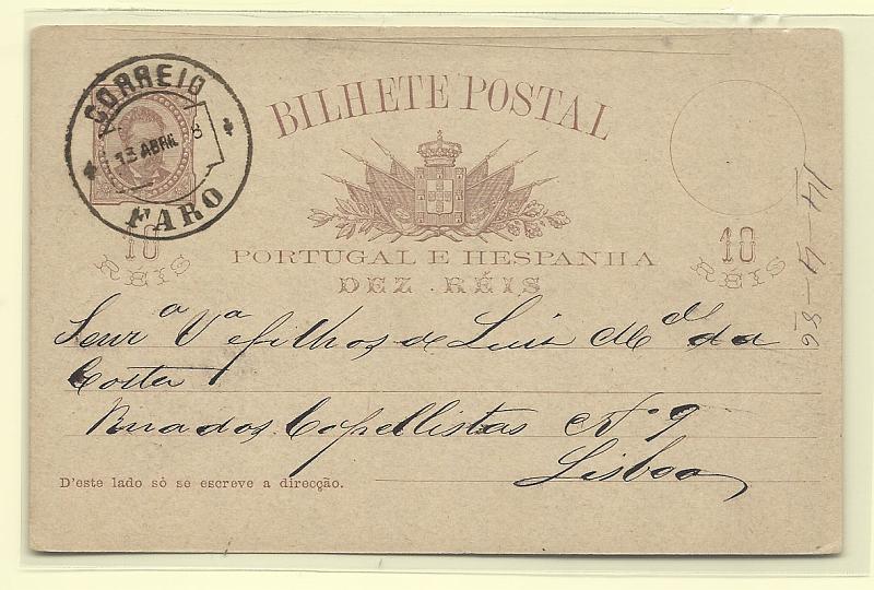 0347.jpg -     Lote:    347            Portugal       Descrição:         1884/87 &mdash; D. Luís, de frente. OM9, 10 reis. Circulado de Faro (13.04.86) para Lisboa. Carimbo circular de FARO batido a preto. MB.        IC       Valor Base:     &euro; 10,00     Valor Venda:     &euro; 10,00       