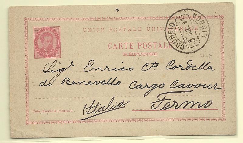 0349.jpg -     Lote:    349            Portugal       Descrição:         1884/87 &mdash; D. Luís I, de frente. OM12, 20+20 reis rosa. Segundo folha (RESPOSTA) circulada de Lisboa (03.07.97 para a Itália.        IC       Valor Base:     &euro; 15,00     Valor Venda:     Retirado     