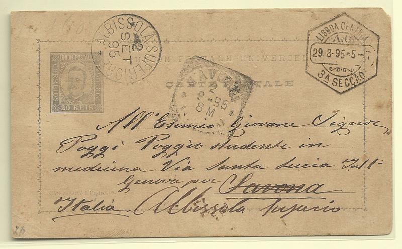 0353.jpg -     Lote:    353            Portugal       Descrição:         1892/95 &mdash; D. Carlos I tipo Diogo Neto. OM14, 20 reis. Circulado de Lisboa (29.08.95) para a Itália.        IC       Valor Base:     &euro; 10,00     Valor Venda:     Retirado     