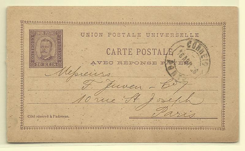 0354.jpg -     Lote:    354            Portugal       Descrição:         1892/95 &mdash; D. Carlos I tipo Diogo Neto. OM17, 20+20 reis. Primeira folha circulada do Porto (16.04.96) para Paris.        IC       Valor Base:     &euro; 15,00     Valor Venda:     &euro; 15,00       