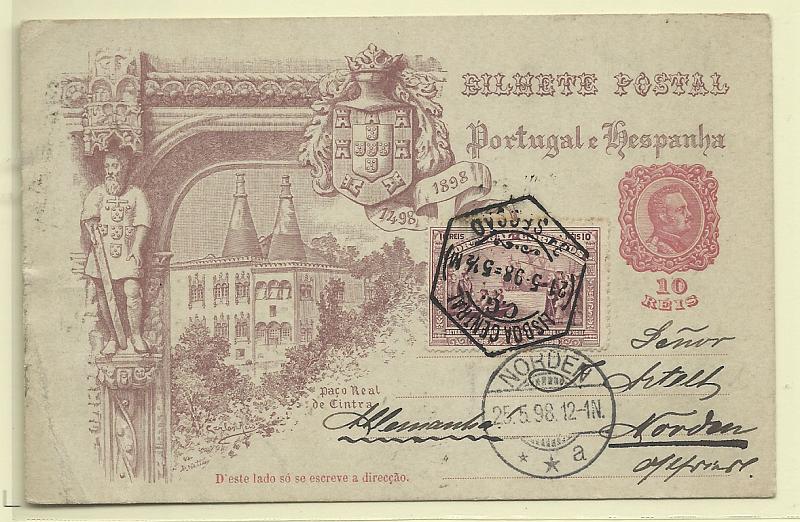 0356.jpg -     Lote:    356            Portugal       Descrição:         1898 &mdash; 4.º Centenário do Descobrimento do Caminho Marítimo para a Índia. OM29D, 10 reis rosa carmim circulado de Lisboa (21.05.98) para a Alemnaha com selo adicional de 10 reis CE150. MB e R.        IC       Valor Base:     &euro; 15,00     Valor Venda:     &euro; 36,00       