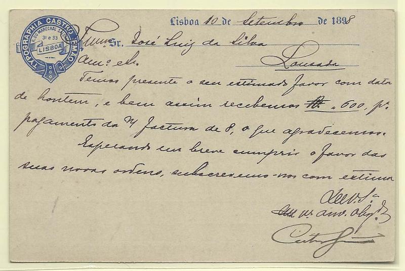 0357.jpg -     Lote:    357            Portugal       Descrição:         1898 &mdash; 4.º Centenário do Descobrimento do Caminho Marítimo para a Índia. OM29, 10 reis (Igreja dos Jerónimos). Circulado de Lisboa (11.09.98) para Lousada. Repicado pela TYPOGRAPHIA CASTRO IRMÃO". MB e MR.        IC       Valor Base:     &euro; 15,00     Valor Venda:     &euro; 15,00       