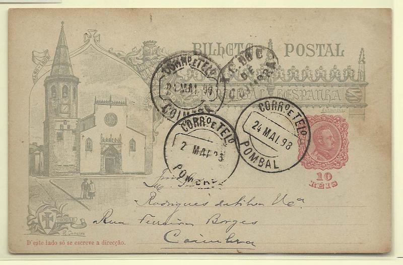 0359.jpg -     Lote:    359            Portugal       Descrição:         1898 &mdash; 4.º Centenário do Descobrimento do Caminho Marítimo para a Índia. OM 29ª, 10 reis. Circulado de Pombal (24.05.98) para Coimbra (24.05.98). Carimbo oval batido a preto (A. C. DO C. / DE / COIMBRA".        IC       Valor Base:     &euro; 12,00     Valor Venda:     Retirado     