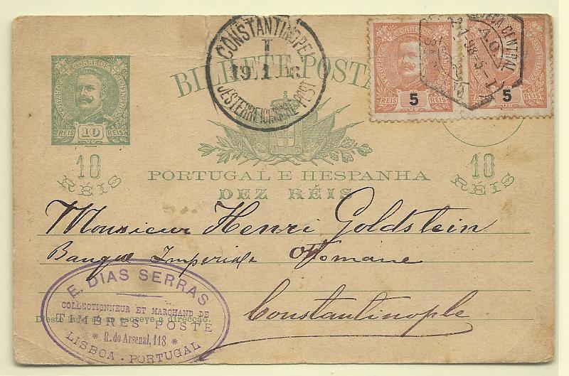 0360.jpg -     Lote:    360            Portugal       Descrição:         1896 &mdash; D. Carlos I Mouchon. OM23, 10 reis verde escuro. Circulado de Lisboa (12.01.98) para Constantinopla (19.01.98) com dois selos adicionais de 5 reis tipo D. Carlos I Mouchon CE127. Raro destino.        IC       Valor Base:     &euro; 20,00     Valor Venda:     &euro; 24,00       