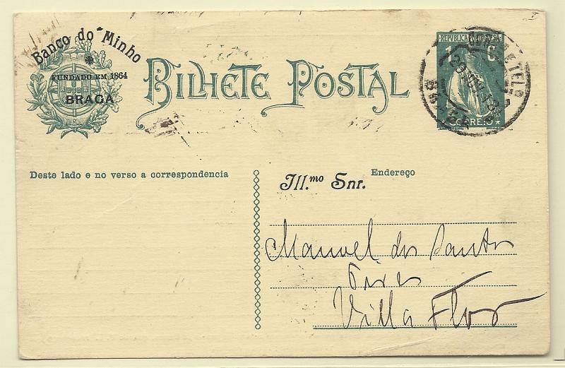 0367.jpg -     Lote:    367            Portugal       Descrição:         1912 &mdash; Ceres. OM59, 1c verde. Circulado de Braga (20.11.13) para Vila Flor. Repicado pelo BANCO DO MINHO.        IC       Valor Base:     &euro; 12,00     Valor Venda:     Retirado     