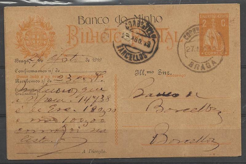 0368.jpg -     Lote:    368            Portugal       Descrição:         1918/20 &mdash; Ceres. OM61, 2c amarelo laranja. Dois inteiros postais circulados de Braga e com diferentes repicagens do "BANCO DO MINHO".        IC       Valor Base:     &euro; 12,00     Valor Venda:     &euro; 12,00       