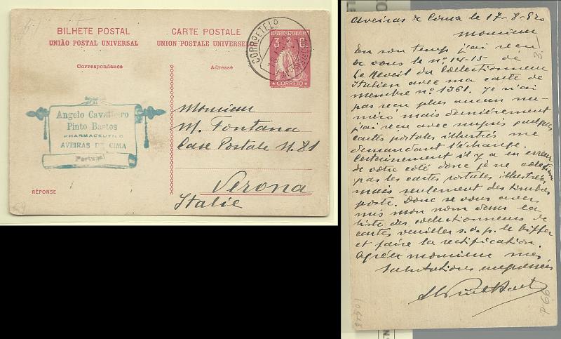 0370.jpg -     Lote:    370            Portugal       Descrição:         1918/20 &mdash; Ceres. Aumento de porte. OM64, 3c + 3c rosa carmim. Segunda folha (Réponse" circulada de Aveiras de Cima (18.08.1920) para Itália. MB e MR.        IC       Valor Base:     &euro; 750,00     Valor Venda:     &euro; 1.000,00       