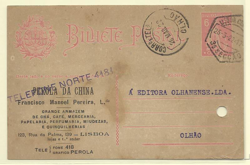 0372.jpg -     Lote:    372            Portugal       Descrição:         192&frac12;2 &mdash; Ceres. OM68, 6C rosa. Circulado de Lisboa (25.03.22) para Olhão. Repicado por "PEROLA DA CHINA". Inteiro com furo de arquivo.        IC       Valor Base:     &euro; 10,00     Valor Venda:     &euro; 10,00       