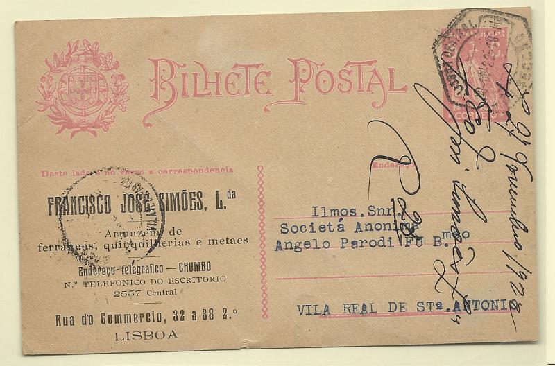 0373.jpg -     Lote:    373            Portugal       Descrição:         1921 &mdash; Ceres. OM68, 6c rosa. Circulado de Lisboa (27.11.22) para Vila Real de S. António. Repicado por FRANCISCO JOSÉ SIM~OES. LDA.        IC       Valor Base:     &euro; 12,00     Valor Venda:     Retirado     