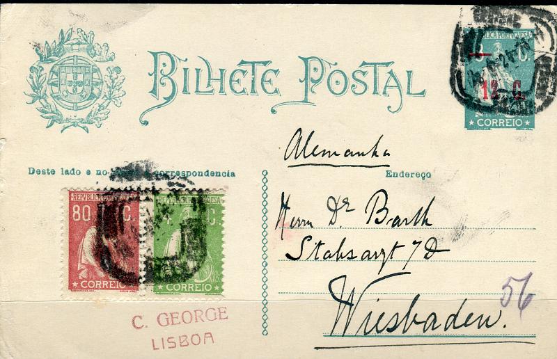 0374.jpg -     Lote:    374            Portugal       Descrição:         1922 &mdash; Ceres, com sobretaxa. OM71, 12C s/ 18C azul-verde, circulado de Lisboa (28.06.24) para a Alemanha com selos adicionais tipo Ceres de 4c CE226 e 80c CE246.        IC       Valor Base:     &euro; 15,00     Valor Venda:     &euro; 50,00       