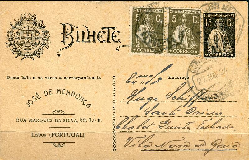 0375.jpg -     Lote:    375            Portugal       Descrição:         1923 &mdash; Ceres. OM73, 15c preto. Circulado de Lisboa (26.03.24) para V. N. de Gaia (27.03.24), com dois selos adicionais de 5c CE252. Repicado por JOSÉ DE MENDONÇA.        IC       Valor Base:     &euro; 25,00     Valor Venda:     Retirado     