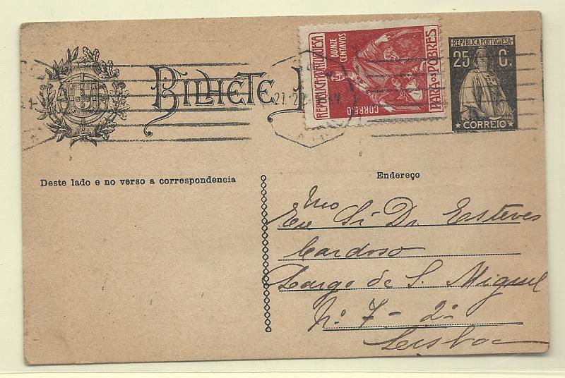 0378.jpg -     Lote:    378            Portugal       Descrição:         1924/26 &mdash; Ceres. Aumento de porte + Imposto Postal "Para os Pobres". OM74b, 25c preto circulado em Lisboa (27.12.25), com selo do imposto postal de 15c CE IP10.        IC       Valor Base:     &euro; 10,00     Valor Venda:     &euro; 10,00       