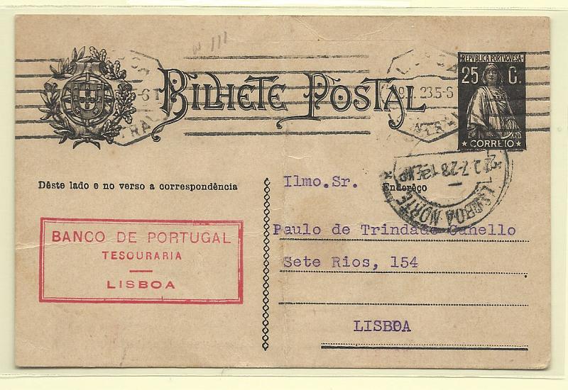 0379.jpg -     Lote:    379            Portugal       Descrição:         1924/26 &mdash; Ceres. OM74, 25c preto. Circulado em Lisboa (19.07.28). Repicado no verso por "BANCO DE PORTUGAL".        IC       Valor Base:     &euro; 10,00     Valor Venda:     &euro; 10,00       