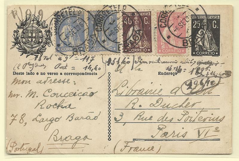 0380.jpg -     Lote:    380            Portugal       Descrição:         1924/26 &mdash; Ceres. Aumento do porte. OM75a, 25c preto, cartolina branca. Circulado de Braga (06.09.25) para Paris com selos adicionais tipo Ceres de 2x3c, 25c e 40c.        IC       Valor Base:     &euro; 12,00     Valor Venda:     &euro; 12,00       