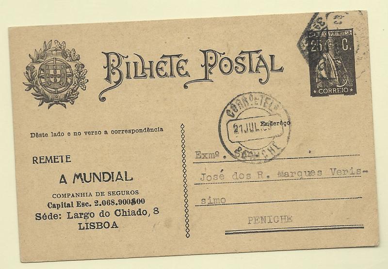 0381.jpg -     Lote:    381            Portugal       Descrição:         1924/26 &mdash; Ceres. OM74, 25c preto. Circulado de Lisboa (20.07.29) para Peniche (21.07.29). Repicado por "A MUNDIAL / COMPANHIA DE SEGUROS".        IC       Valor Base:     &euro; 12,00     Valor Venda:     Retirado     