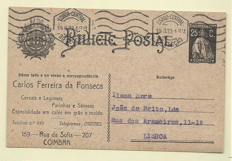 0382.jpg -     Lote:    382            Portugal       Descrição:         1924/26 &mdash; Ceres. OM74, 25c preto. Circulado de Coimbra (13.08.30) para Lisboa (14.08.30). Repicado por "CARLOS FERREIRA DA FONSECA".        IC       Valor Base:     &euro; 15,00     Valor Venda:     &euro; 18,00       