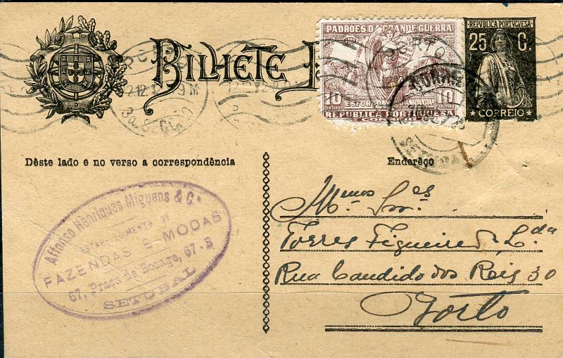 0384.jpg -     Lote:    384            Portugal       Descrição:         1924/26 &mdash; Ceres. OM74, 25c preto, cartolina creme. Circulado de Setúbal (10.12.28) para o Porto (12.12.28) com selo adicional de 10c sépia do imposto postal (Padrões da Grande Guerra" CE IP16.         IC       Valor Base:     &euro; 25,00     Valor Venda:     &euro; 25,00       
