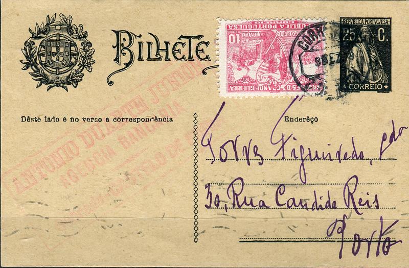 0385.jpg -     Lote:    385            Portugal       Descrição:         1924/26 &mdash; Ceres. OM74, 25c preto, cartolina creme. Circulado de Castelo de Paiva (09.12.28) para o Porto com selo adicional de 10c carmim do imposto postal (Padrões da Grande Guerra" CE IP17.         IC       Valor Base:     &euro; 25,00     Valor Venda:     Retirado     
