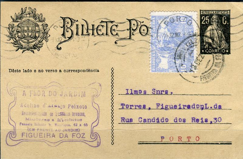0387.jpg -     Lote:    387            Portugal       Descrição:         1924/26 &mdash; Ceres. OM74, 25c preto, cartolina creme. Circulado da Figueira da Foz (13.12.28) para o Porto (14.12.28) com selo adicional de 10c azul do imposto postal (Padrões da Grande Guerra" CE IP15.         IC       Valor Base:     &euro; 25,00     Valor Venda:     Retirado     
