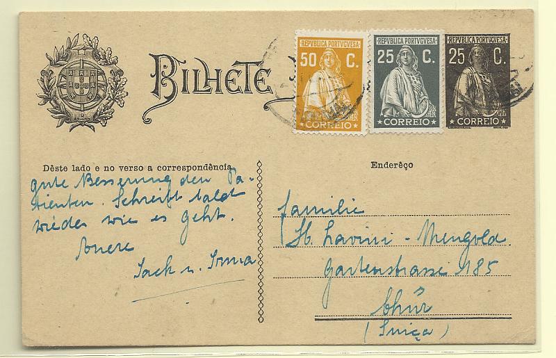 0389.jpg -     Lote:    389            Portugal       Descrição:         1924/26 &mdash; Ceres. Aumento de porte. OM74a, 25c preto. Circulado do Funchal (27.02.29) para a Suiça, com selos adicionais de 25c e 50c tipo Ceres &mdash; Emissão Londres.        IC       Valor Base:     &euro; 25,00     Valor Venda:     Retirado     