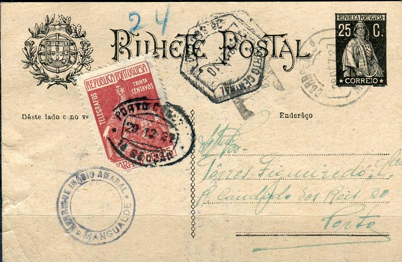 0390.jpg -     Lote:    390            Portugal       Descrição:         1924/26 &mdash; Ceres. OM74, 25c preto, cartolina camurça. Circulado de Mangualde (28.12.27) para o Porto (29.12.27). Por não ter sido franquiado com selo do imposto postal "PARA OS POBRES" devido no período foi porteado com o dobro do porte em falta com selo de 30c CE IP12. B e MR.        IC       Valor Base:     &euro; 60,00     Valor Venda:     Retirado     