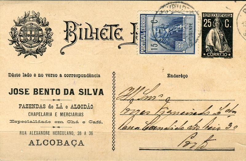 0391.jpg -     Lote:    391            Portugal       Descrição:         1924/26 &mdash; Ceres. OM74, 25c preto, cartolina camurça. Circulado de Alcobaça (12.05.29) para o Porto com selo adicional do imposto postal (Monumento ao Marquês de Pombal" CE IP18. Repicado por JOSÉ BENTO DA SILVA. Inteiro com furo de espigão. MB.        IC       Valor Base:     &euro; 30,00     Valor Venda:     &euro; 36,00       