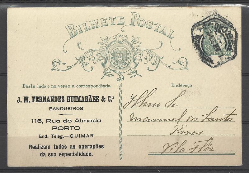 0392.jpg -     Lote:    392            Portugal       Descrição:         1931 &mdash; Lusíadas. OM79, 25c verde-azul, cartolina creme. Circulado do Porto (11.04.32) para Vila Flor. Repicado por "J. M. FERNANDES GUIMARAES & CIA".        IC       Valor Base:     &euro; 12,00     Valor Venda:     Retirado     