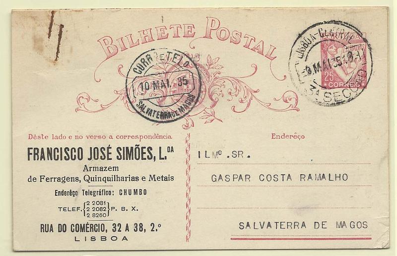 0393.jpg -     Lote:    393            Portugal       Descrição:         1931 &mdash; Lusíadas. OM80, 25c carmim. Circulado de Lisboa (09.05.35) para Salvaterra de Magos. Repicado por FRANCISCO JOSÉ SIMÕES, LDA.        IC       Valor Base:     &euro; 6,00     Valor Venda:     &euro; 6,00       
